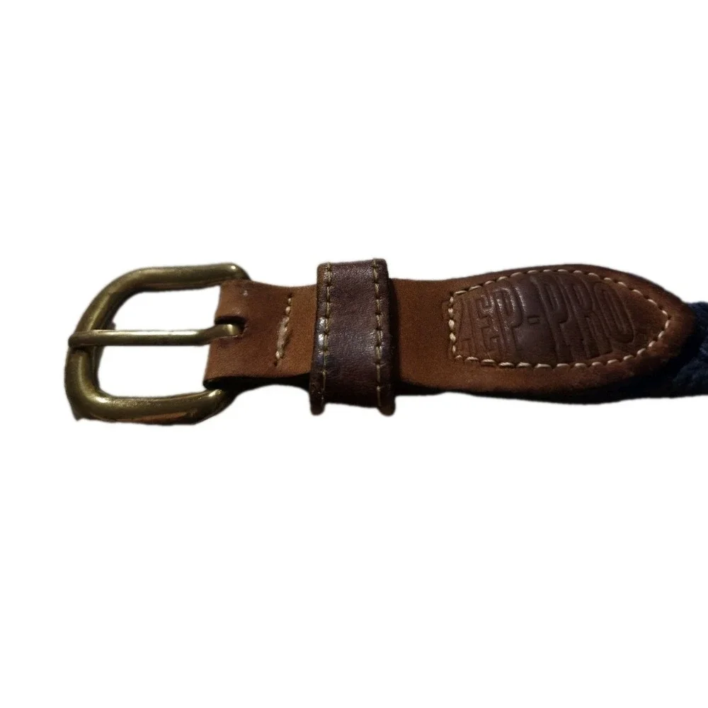 Zep-Pro Vintage Belt Mens 38 Leather Navy Blue Woven Brass Buckle USA